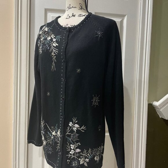 Y2K 90’s TIARA INTERNATIONAL CARDIGAN SWEATER KNITTED BLACK EMBROIDERED Sz M - Picture 8 of 16